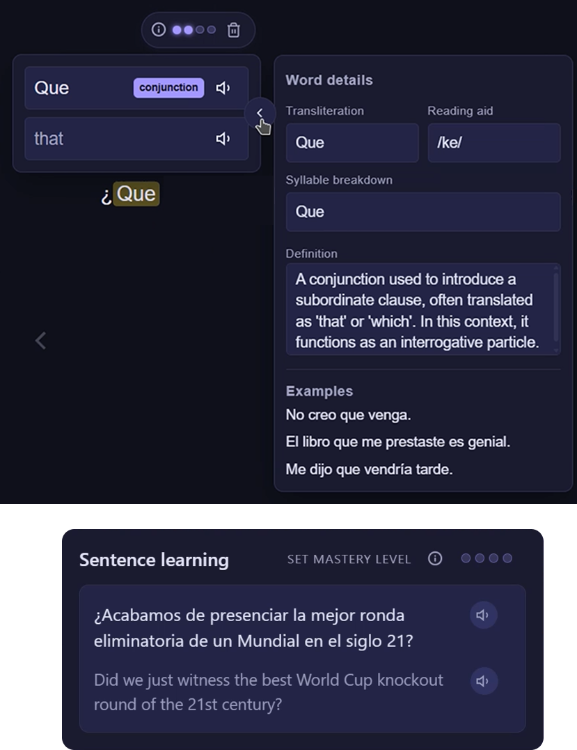 LingoNova word and sentence learning popups