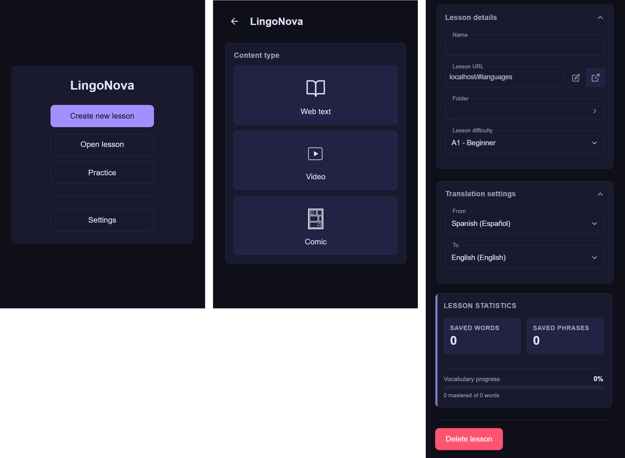 LingoNova extension lesson creation, lesson details, languages, and lesson statistics