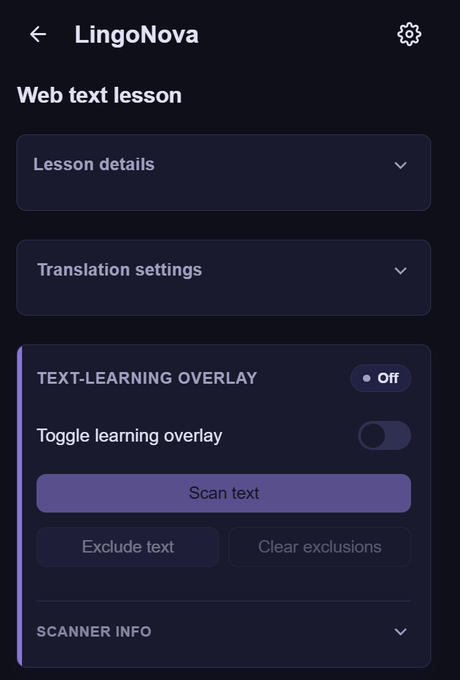 Web text learning overlay controls in the LingoNova extension
