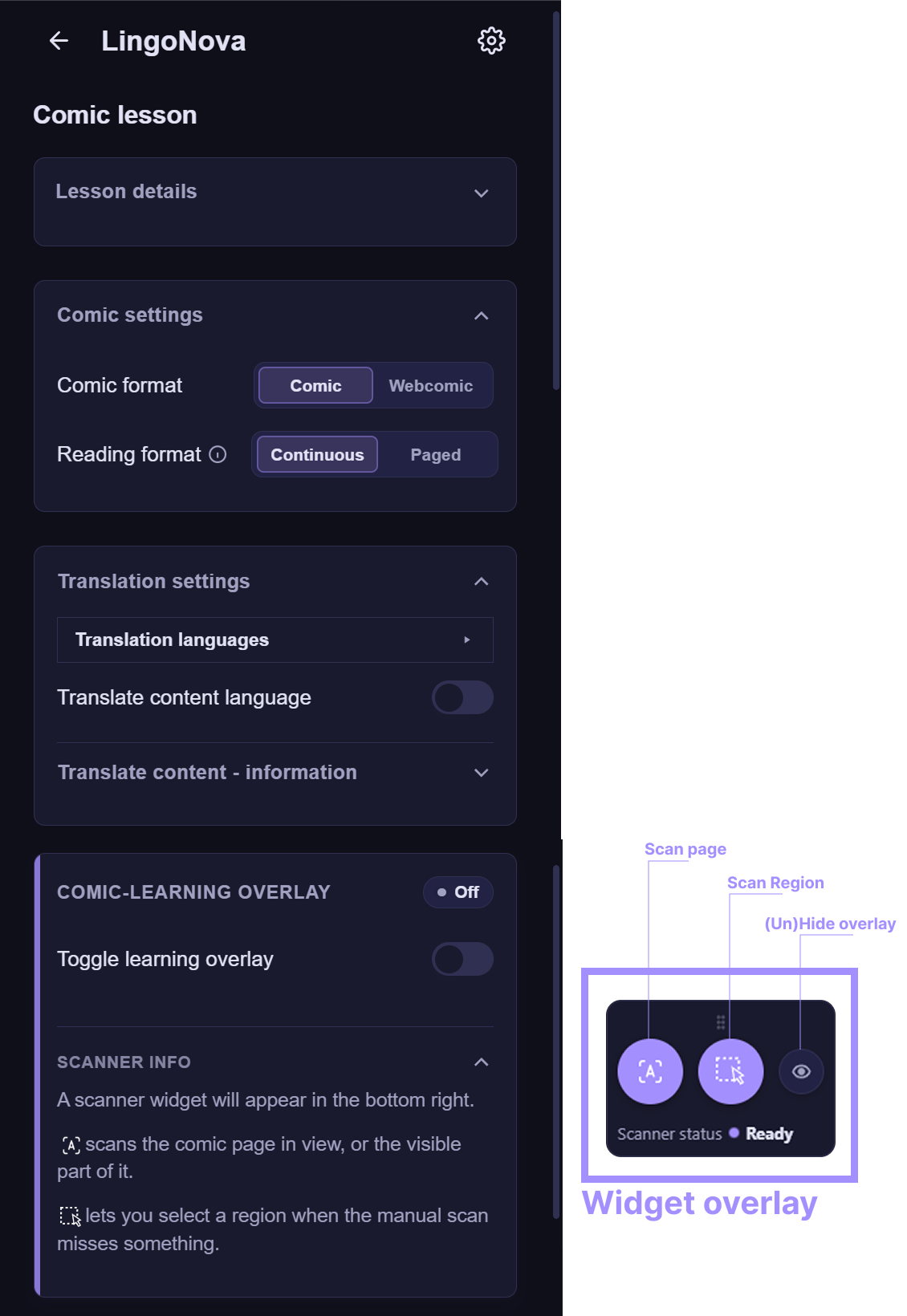 Comic lesson settings and scanner widget