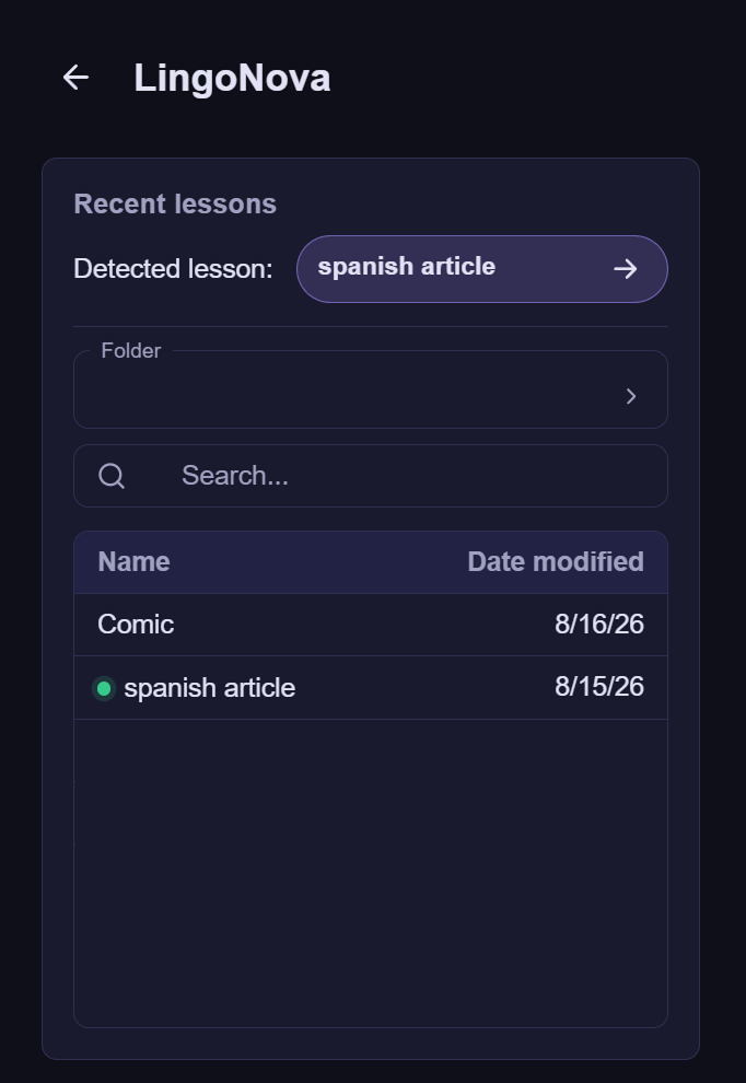 LingoNova lesson loading page with folder filtering and matching lesson indicators