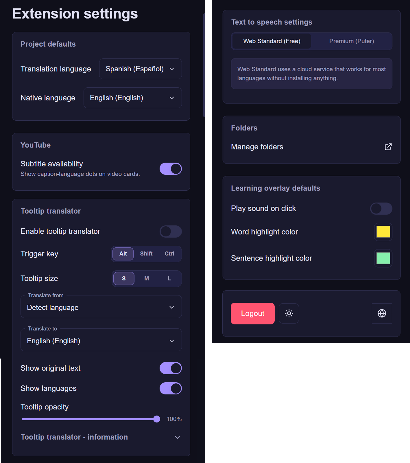 LingoNova extension defaults, YouTube subtitle checker, and translator tooltip settings