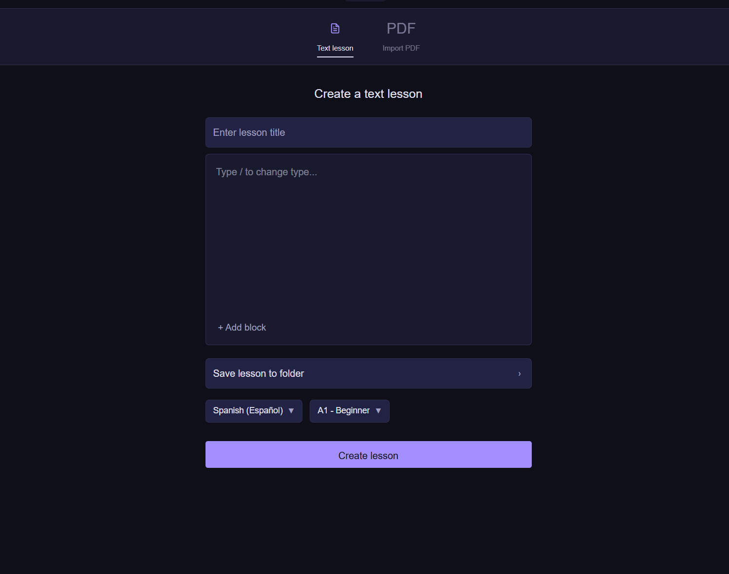 LingoNova custom text lesson creation screen