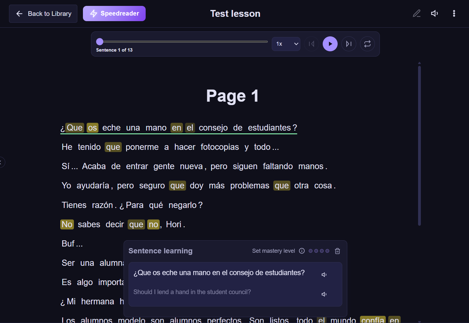 Flowing Webreader mode with sentence player and learning popover