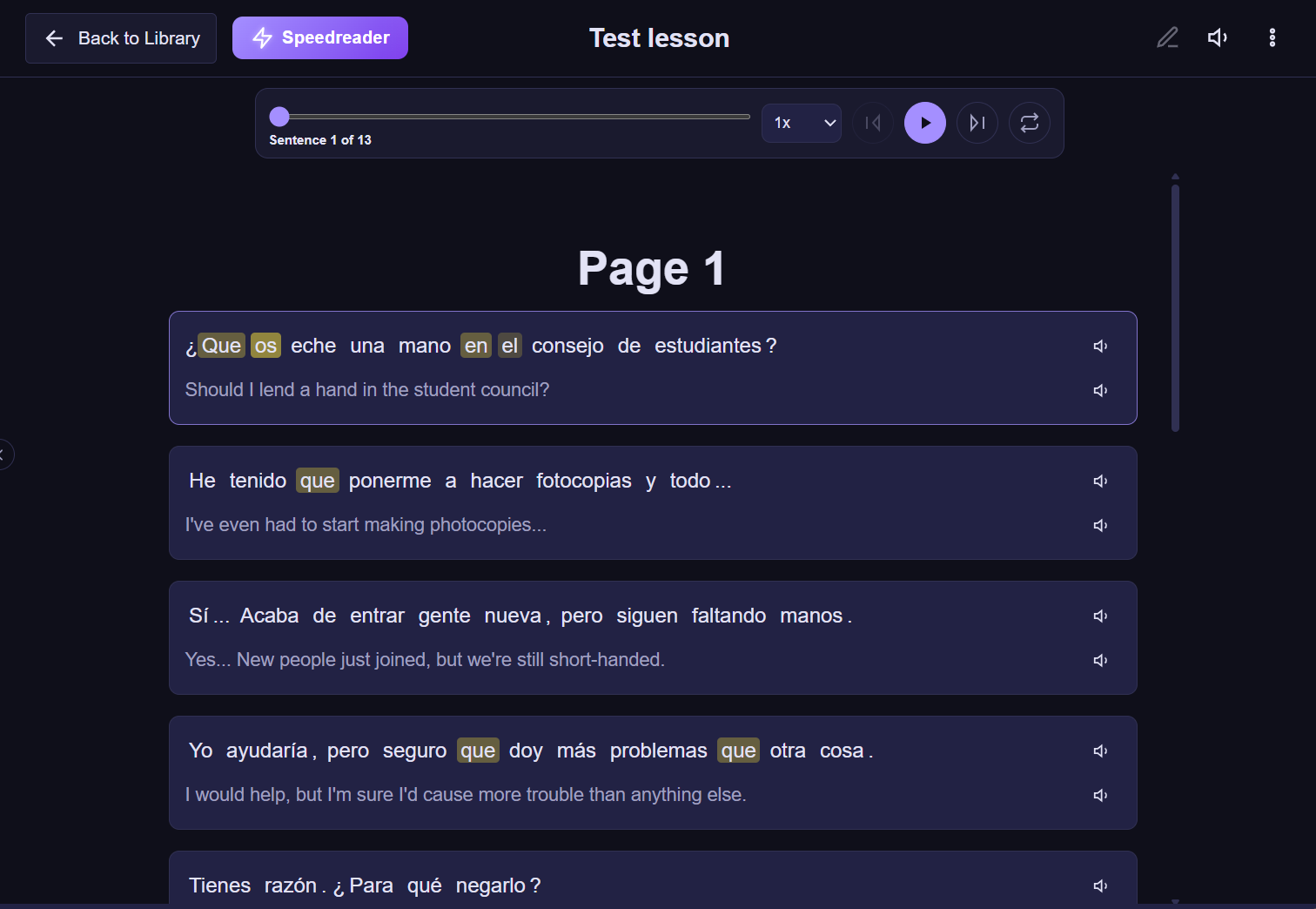 LingoNova website reader showing translated sentences for revision