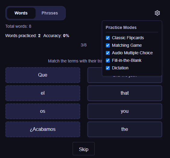 LingoNova vocabulary practice modes