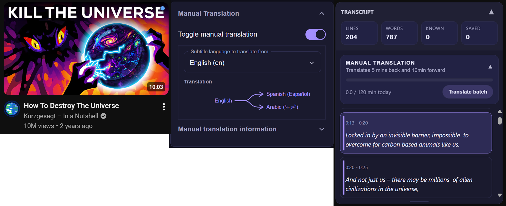 Manual subtitle translation controls and generated transcript in LingoNova